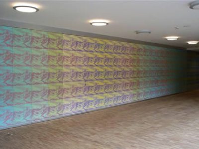 “Wand 2”, 2004, 155 Siebdrucke auf lackierten MDF-Platten, 2,70 x 18 m, (Motiv: Zimba) Gesundheits- und Sozialzentrum Schruns