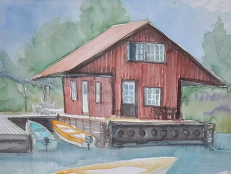 "Bootshaus, Schweden", 2015, Aquarell 30 x 40 cm